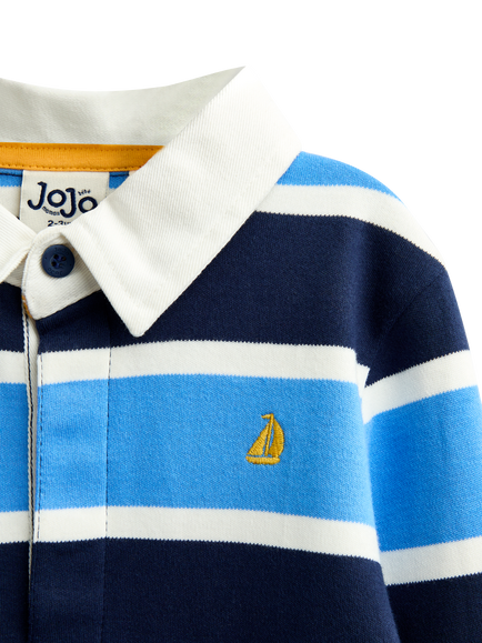 JoJo Maman Bébé Kids' Classic Stripe Rugby Top, Blue - view 2, Blue