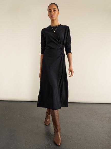 Baukjen Ana Twist Front Organic Cotton Rich A-Line Midi Dress, Black, Black