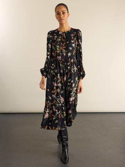 Baukjen Emily Floral Fit and Flare Midi Dress, Black, Black
