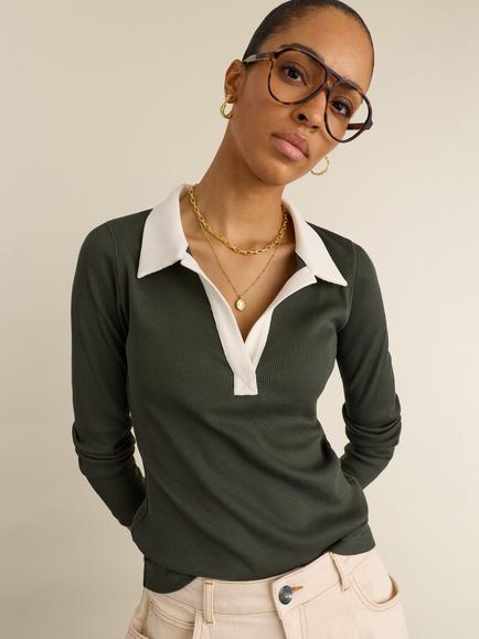 Baukjen Fern Ribbed Organic Cotton Polo Shirt, Deep Khaki, Deep Khaki