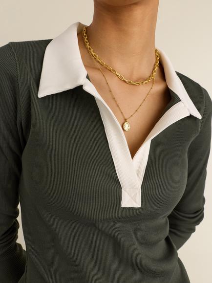 Baukjen Fern Ribbed Organic Cotton Polo Shirt, Deep Khaki - view 2, Deep Khaki