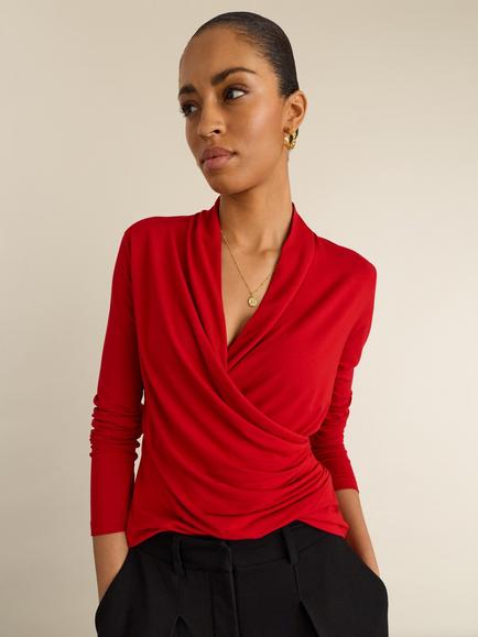 Baukjen Gylda Fixed Wrap Jersey Top, containing LENZING™ ECOVERO™ Viscose, Crimson Red, Crimson Red