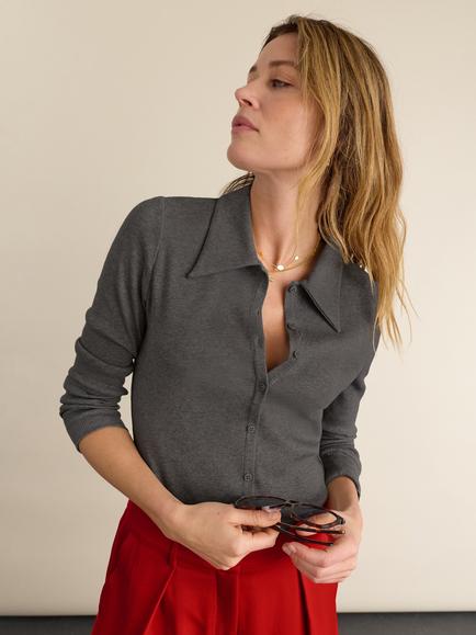 Baukjen Kelly Organic Cotton Ribbed Jersey Top, Grey Marl, Grey Marl