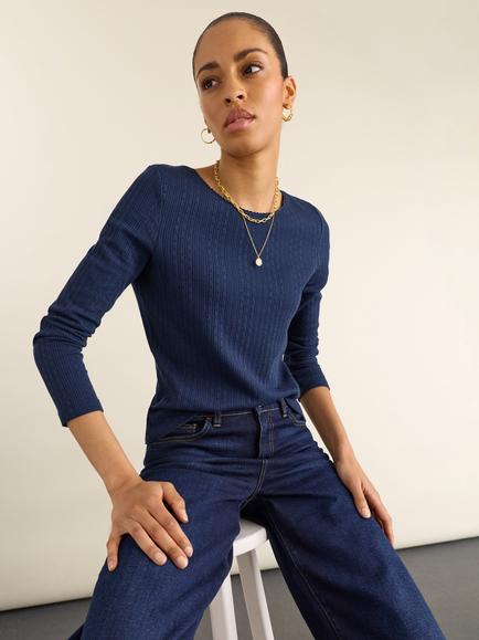 Baukjen Maeva Organic Cotton Ribbed Long Sleeve T-Shirt, Deep Indigo, Deep Indigo