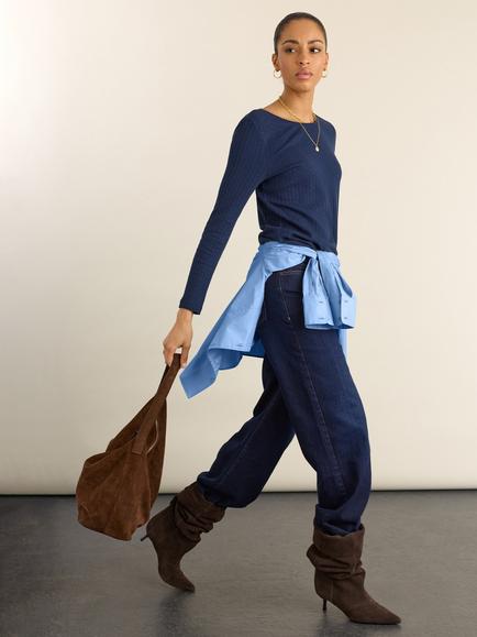 Baukjen Maeva Organic Cotton Ribbed Long Sleeve T-Shirt, Deep Indigo - view 2, Deep Indigo