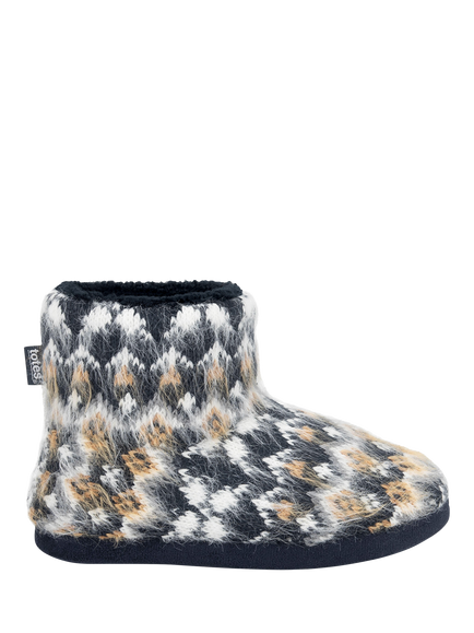 totes Kids' Fair Isle Knitted Boot Slippers, Navy, Navy