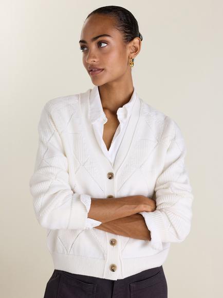 Baukjen Eli Merino Wool Argyle Cardigan, Cream, Cream