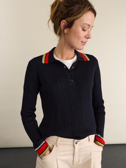 Baukjen Nora Merino Wool Polo Neck Cardigan, Navy, Navy