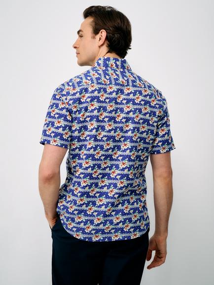 Crew Clothing Tropical Print Linen Cotton Blend Shirt, Bright Blue/Multi - view 2, Bright Blue/Multi