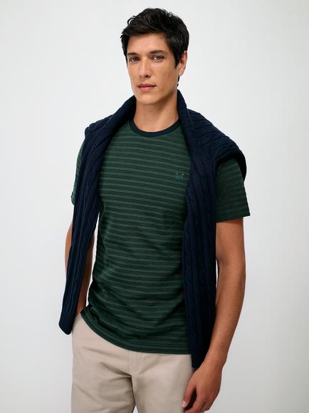 Crew Clothing Birdseye Multi-Stripe T-Shirt, Dark Green