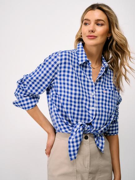 Crew Clothing Gingham Relaxed Fit Linen Blend Shirt, Navy Blue, Navy Blue