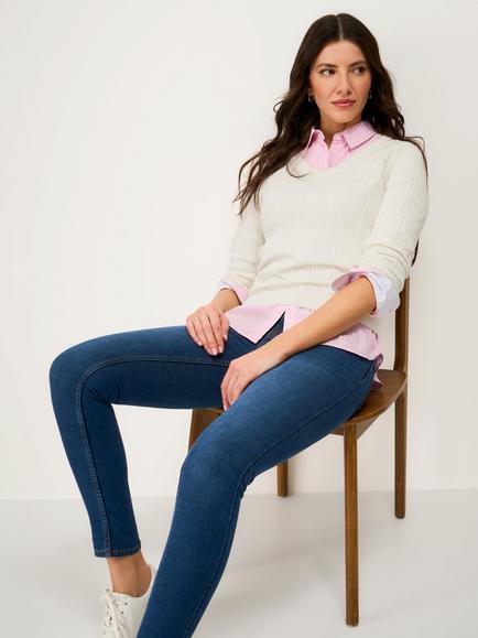 Crew Clothing Heritage V Neck Cable Knit Jumper, White, White