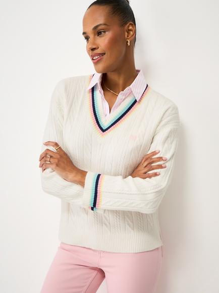 Crew Clothing Relaxed Cable Knit Cricket Jumper, White/Multi, White/Multi