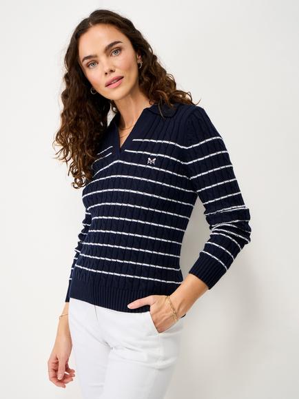 Crew Clothing Heritage Collared Striped Jumper, Navy Blue, Navy Blue
