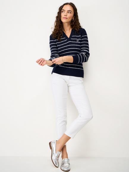 Crew Clothing Heritage Collared Striped Jumper, Navy Blue - view 2, Navy Blue