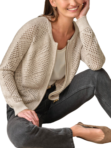 Pure Collection Cotton Mesh Zip Cardigan, Neutral, Neutral