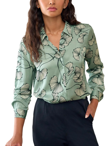 Pure Collection Silk Leaf Print Regular Fit Shirt, Green, Green