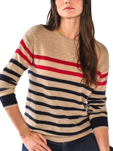 Pure Collection Cashmere Breton Stripe Jumper, Camel/Navy/Red, Camel/Navy/Red