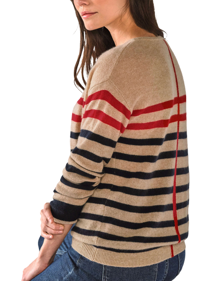 Pure Collection Cashmere Breton Stripe Jumper, Camel/Navy/Red - view 2, Camel/Navy/Red