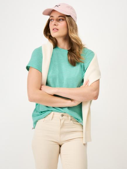 Crew Clothing Perfect Crew Neck Striped Cotton-Slub T-Shirt, Aqua Blue