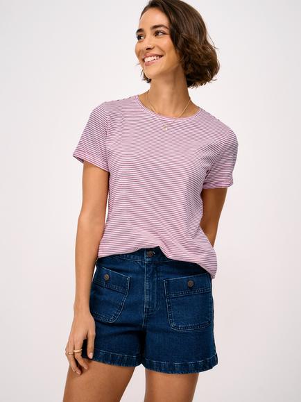 Crew Clothing Perfect Crew Neck Striped Cotton-Slub T-Shirt, Burgundy Red