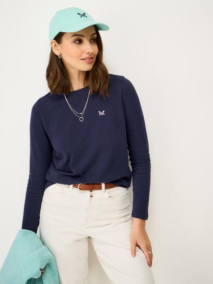 Crew Clothing Supersoft Brushed-Cotton Long-Sleeve Top, Navy Blue, Navy Blue
