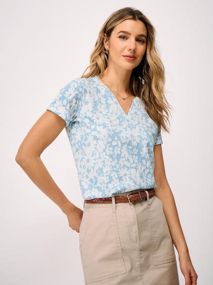 Crew Clothing Kylie Notch Neck Floral Printed T-Shirt, Light Blue, Light Blue