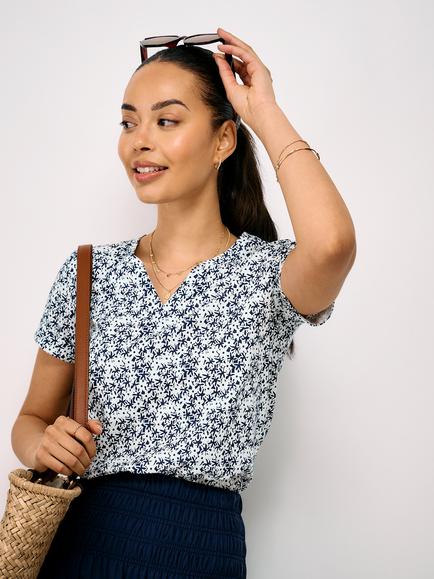 Crew Clothing Notch Neck Floral Printed T-Shirt, White Multi, White Multi