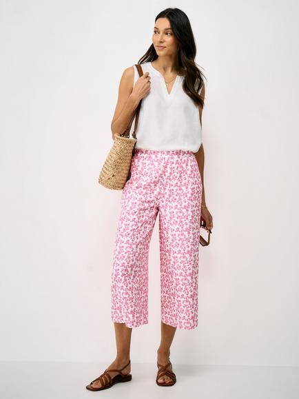 Crew Clothing Floral Cropped Wide-Leg Trousers, Pink/Multi, Pink Multi