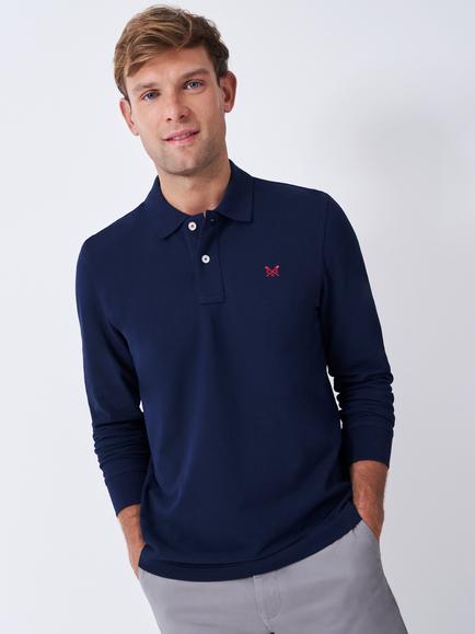 Crew Clothing Long Sleeve Cotton Polo Shirt, Bright Blue