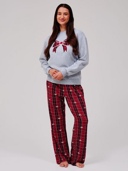 Loungeable Christmas Bow Tartan Brushed Back Sweatshirt Pyjama Set, Multi, Multi