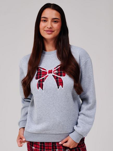 Loungeable Christmas Bow Tartan Brushed Back Sweatshirt Pyjama Set, Multi - view 2, Multi