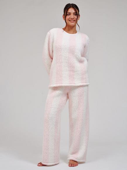 Loungeable Stripe Cosy Borg Fleece Lounge Set, Pink, Pink