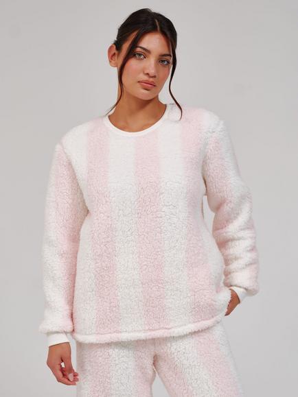 Loungeable Stripe Cosy Borg Fleece Lounge Set, Pink - view 2, Pink
