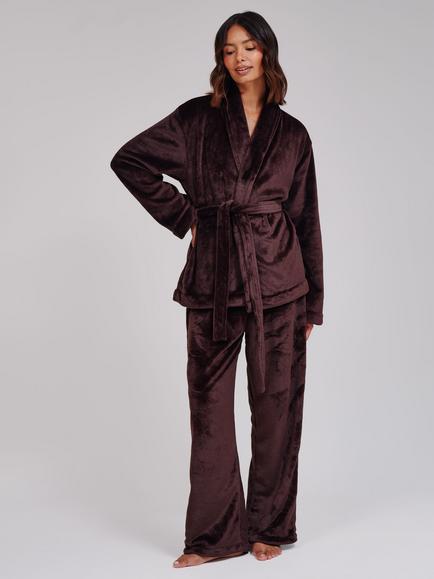 Loungeable Luxury Fleece Wrap Kimono & Trousers Lounge Set, Brown, Brown