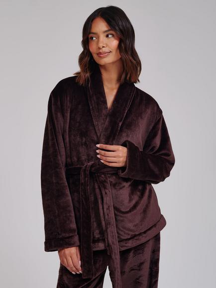 Loungeable Luxury Fleece Wrap Kimono & Trousers Lounge Set, Brown - view 2, Brown