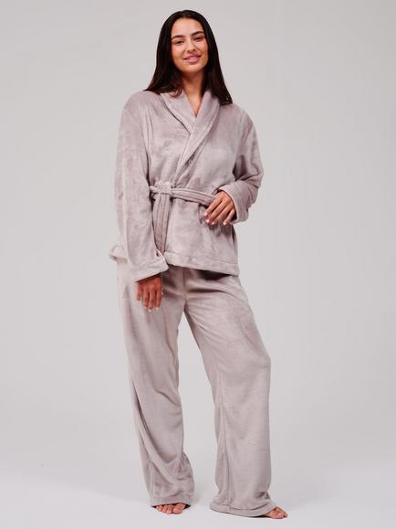 Loungeable Wrap Kimono Trouser Fleece Set, Taupe, Taupe