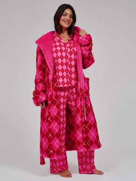 Loungeable Argyle Midi Dressing Gown, Pink, Pink