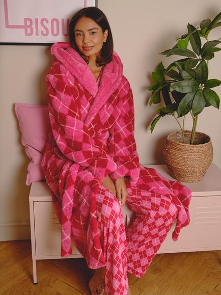 Loungeable Argyle Midi Dressing Gown, Pink - view 2, Pink