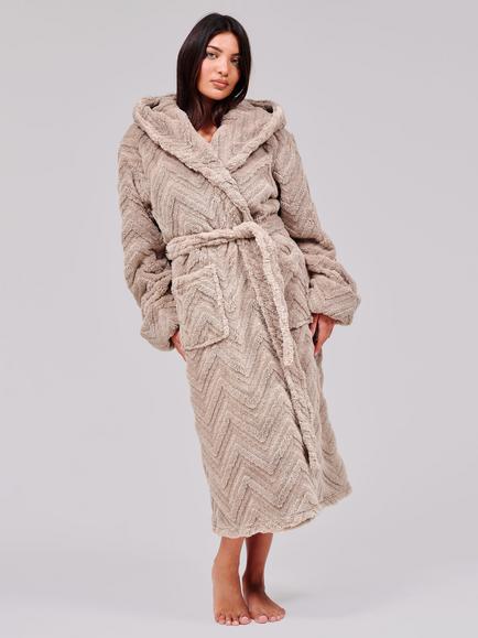 Loungeable Chevron Luxury Plush Fleece Hooded Dressing Gown, Taupe, Taupe