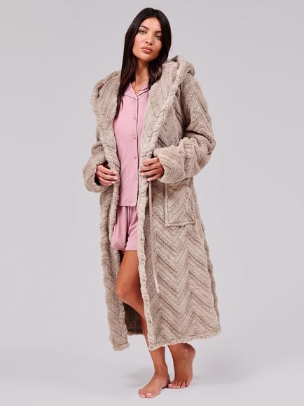 Loungeable Chevron Luxury Plush Fleece Hooded Dressing Gown, Taupe - view 2, Taupe