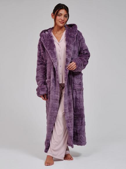 Loungeable Embossed Stripe Luxury Fleece Maxi Hooded Dressing Gown, Purple