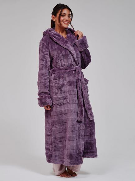 Loungeable Embossed Stripe Luxury Fleece Maxi Hooded Dressing Gown - view 2, Purple