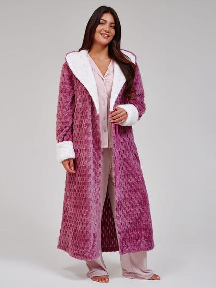 Lougeable Geometric Luxury Fleece Hooded Maxi Robe, Purple, Purple