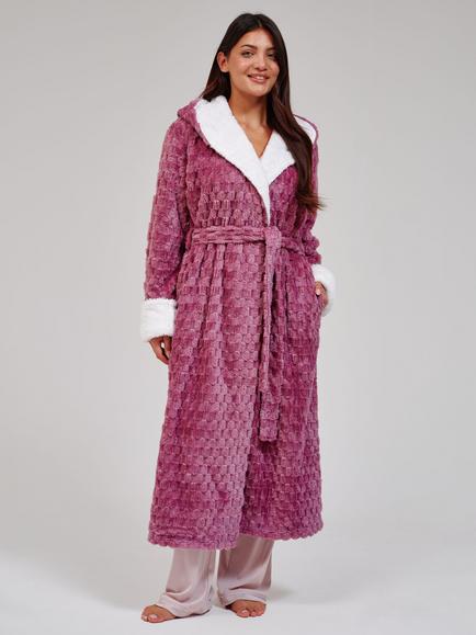 Lougeable Geometric Luxury Fleece Hooded Maxi Robe, Purple - view 2, Purple