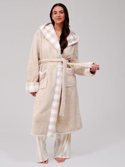 Loungeable Gingham Trim Hooded Fleece Dressing Gown, Taupe, Taupe