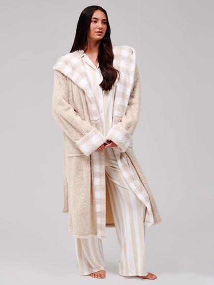 Loungeable Gingham Trim Hooded Fleece Dressing Gown, Taupe - view 2, Taupe