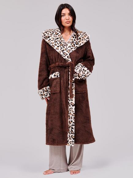 Loungeable Leopard Faux Fur Trim Dressing Gown, Brown, Brown