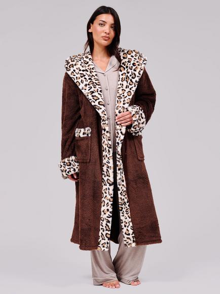 Loungeable Leopard Faux Fur Trim Dressing Gown, Brown - view 2, Brown