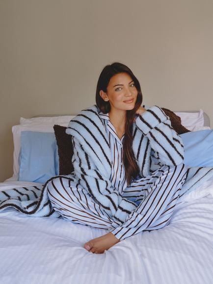 Loungeable Pinstripe Dressing Gown, Blue - view 2, Blue